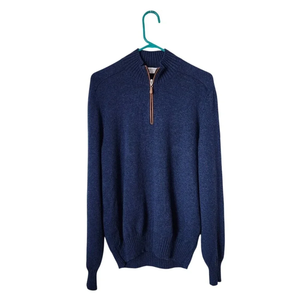 BRUNELLO CUCINELLI 100% Cashmere 1/4 zip knit sweater in navy ink quiet luxury